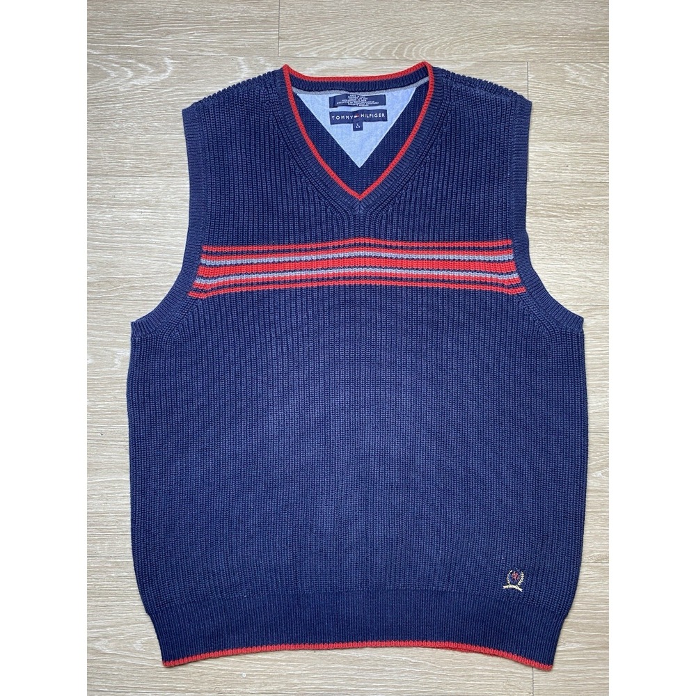 2000's Y2K Men's LARGE Tommy Hilfiger Blue Cable Knit Sweater Vest V-Neck Cotton